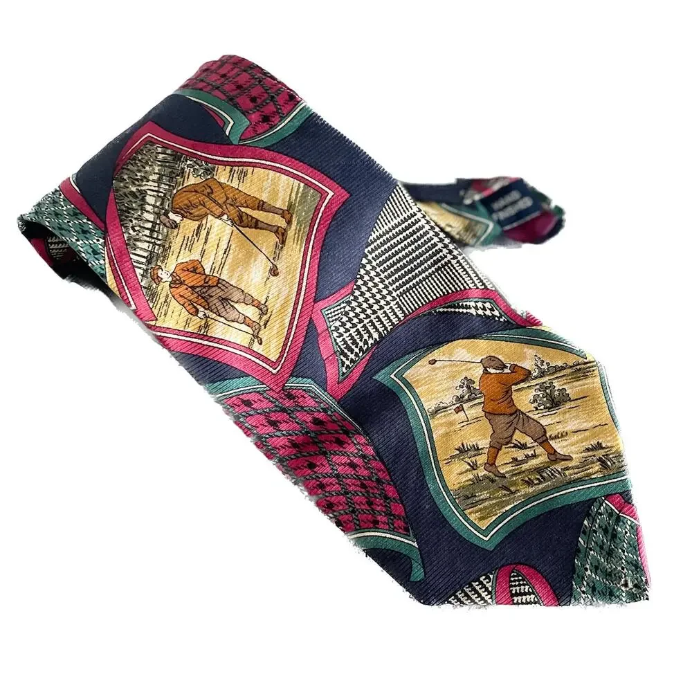 Vintage Nautica Silk Golf Tie 90s Prep Patchwork Country Club Necktie 3.75